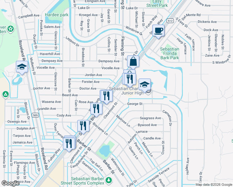 map of restaurants, bars, coffee shops, grocery stores, and more near 798 Clearmont Street in Sebastian