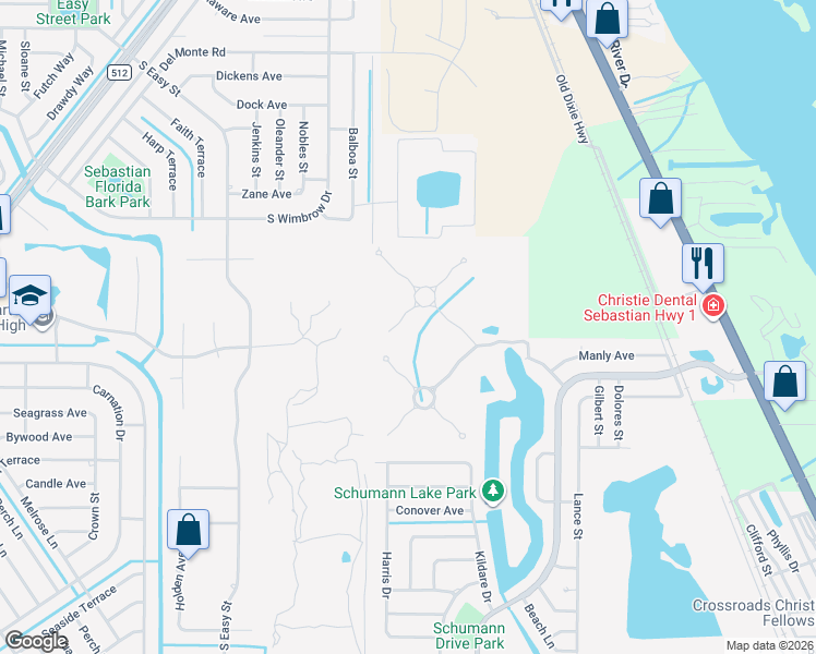 map of restaurants, bars, coffee shops, grocery stores, and more near 109 Night Hawk Way in Sebastian