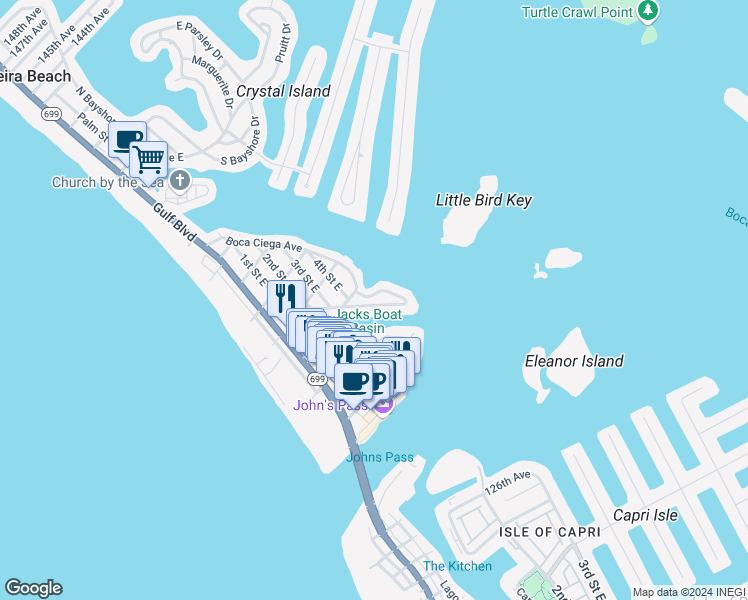 map of restaurants, bars, coffee shops, grocery stores, and more near 348 Boca Ciega Dr in Madeira Beach