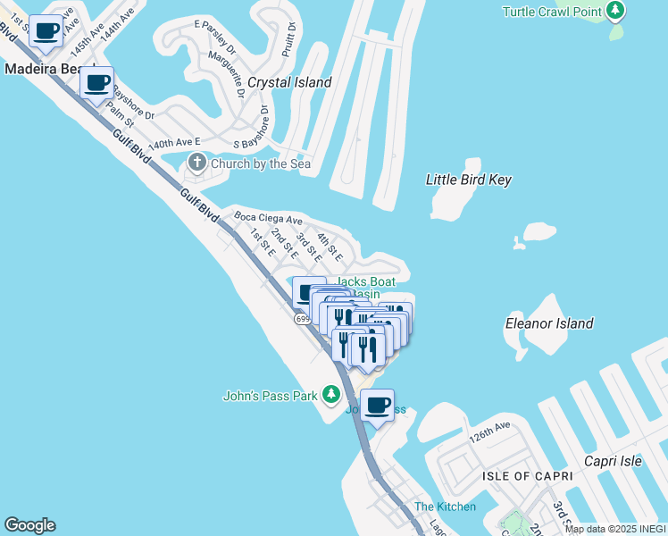 map of restaurants, bars, coffee shops, grocery stores, and more near 301 Boca Ciega Drive in Madeira Beach