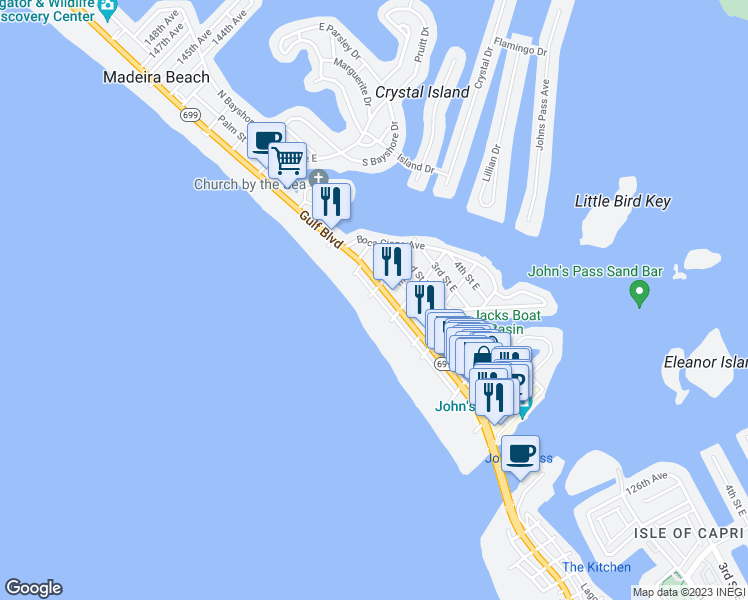 map of restaurants, bars, coffee shops, grocery stores, and more near 13336 Gulf Lane in Madeira Beach