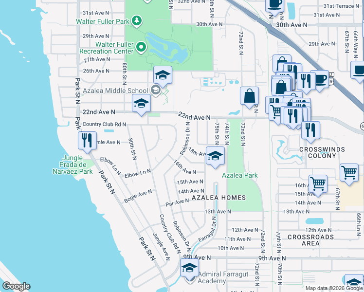 map of restaurants, bars, coffee shops, grocery stores, and more near 1701 Robinson Drive North in St. Petersburg