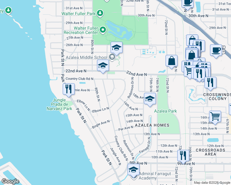 map of restaurants, bars, coffee shops, grocery stores, and more near 1800 Country Club Road North in St. Petersburg
