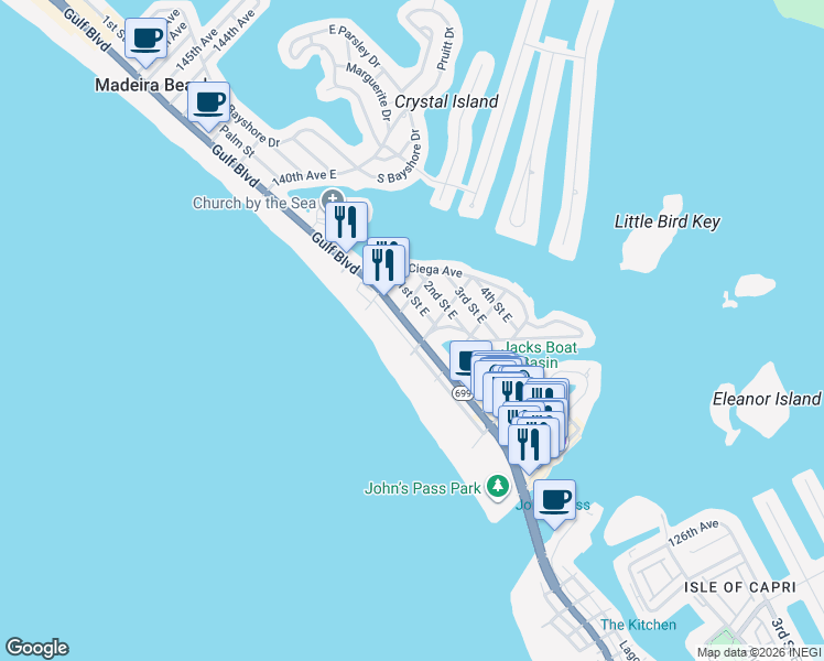 map of restaurants, bars, coffee shops, grocery stores, and more near 13336 Gulf Lane in Madeira Beach