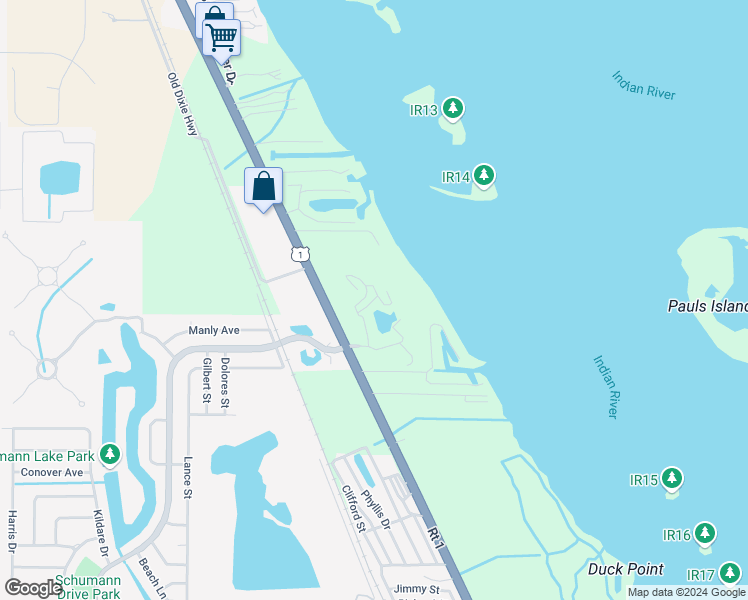 map of restaurants, bars, coffee shops, grocery stores, and more near 6240 North Mirror Lake Drive in Sebastian