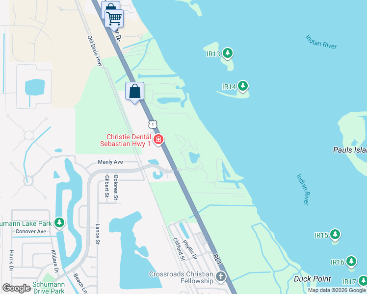 map of restaurants, bars, coffee shops, grocery stores, and more near 6240 North Mirror Lake Drive in Sebastian