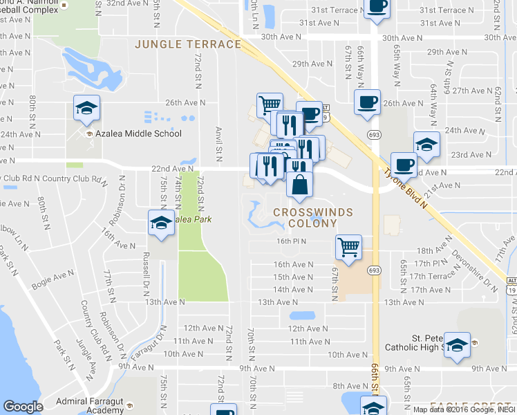 map of restaurants, bars, coffee shops, grocery stores, and more near 6930 Stonesthrow Circle North in St. Petersburg