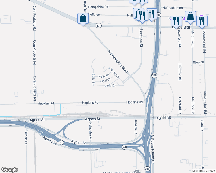 map of restaurants, bars, coffee shops, grocery stores, and more near 119 Jade Drive in Corpus Christi