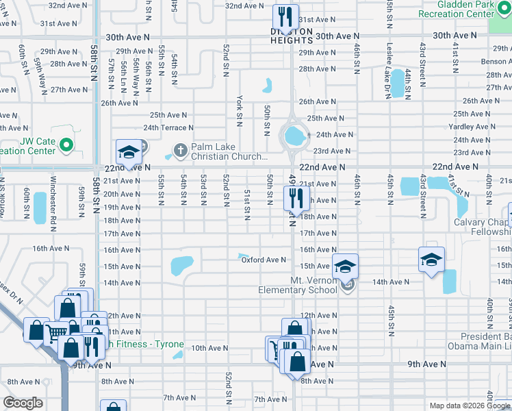 map of restaurants, bars, coffee shops, grocery stores, and more near 5052 18th Avenue North in St. Petersburg