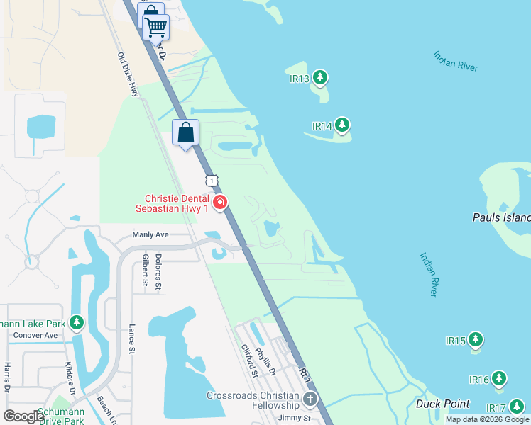 map of restaurants, bars, coffee shops, grocery stores, and more near 6237 Mirror Lake Court in Sebastian