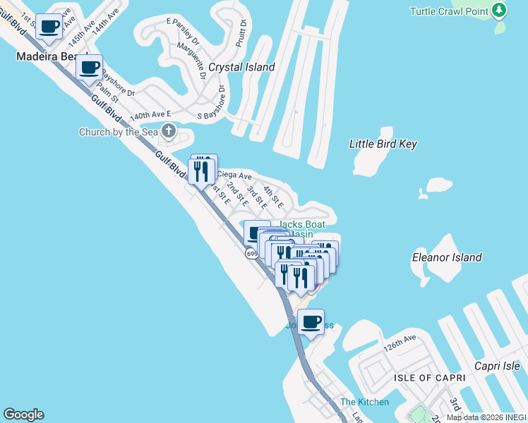 map of restaurants, bars, coffee shops, grocery stores, and more near 225 Boca Ciega Drive in Madeira Beach