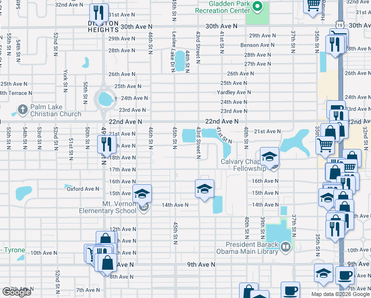 map of restaurants, bars, coffee shops, grocery stores, and more near 4482 18th Avenue North in St. Petersburg