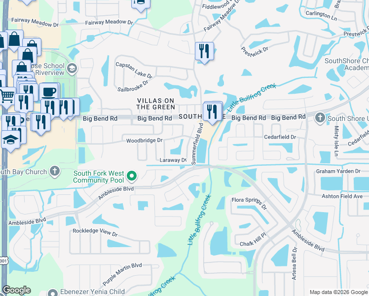 map of restaurants, bars, coffee shops, grocery stores, and more near 13311 Laraway Drive in Riverview