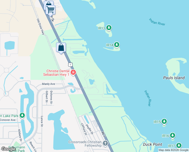 map of restaurants, bars, coffee shops, grocery stores, and more near 6240 East Mirror Lake Drive in Sebastian