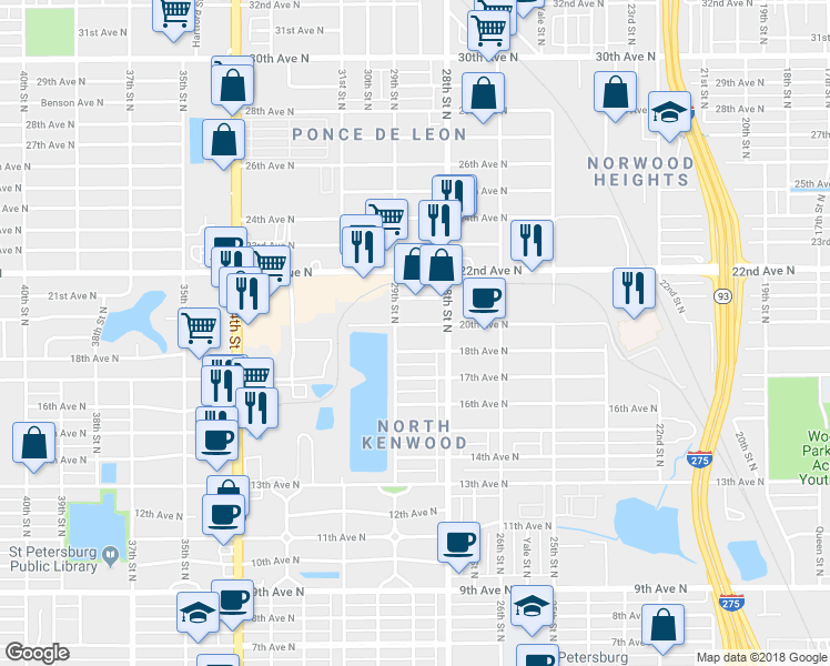 map of restaurants, bars, coffee shops, grocery stores, and more near 2861 20th Avenue North in St. Petersburg