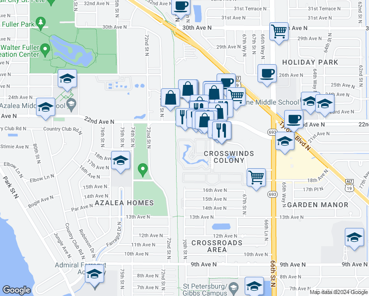 map of restaurants, bars, coffee shops, grocery stores, and more near 6962 22nd Avenue North in St. Petersburg