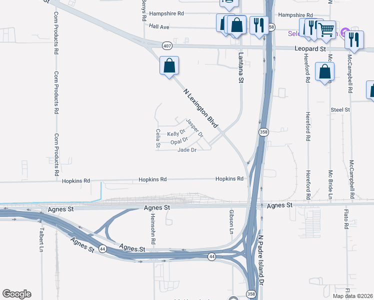 map of restaurants, bars, coffee shops, grocery stores, and more near 114 Poolside Drive in Corpus Christi