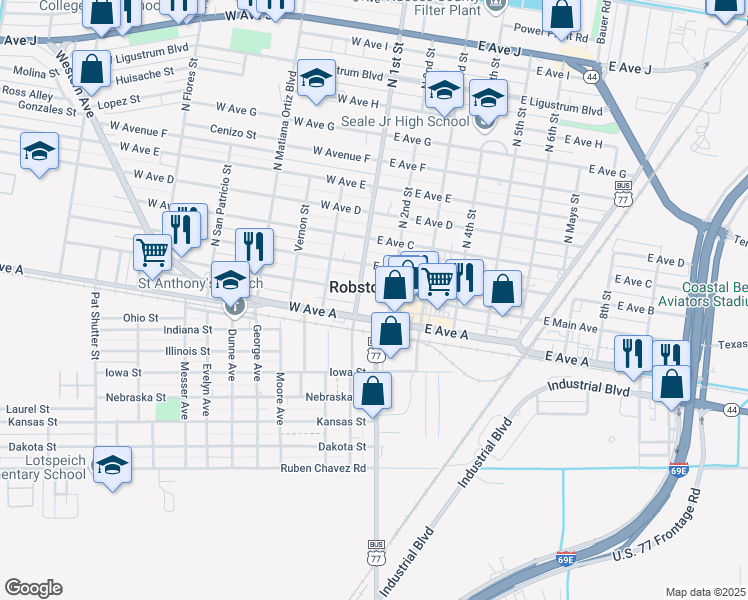 map of restaurants, bars, coffee shops, grocery stores, and more near 123E125 West Main Avenue in Robstown
