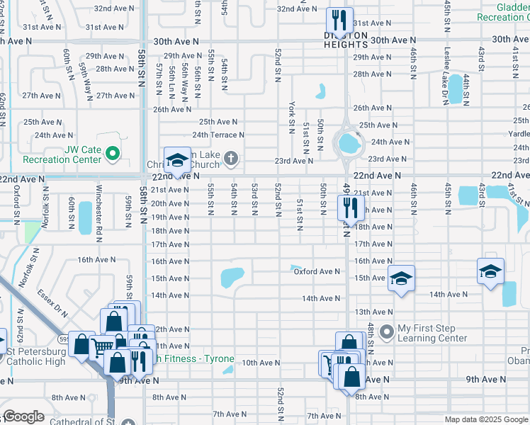 map of restaurants, bars, coffee shops, grocery stores, and more near 5235 19th Avenue North in St. Petersburg
