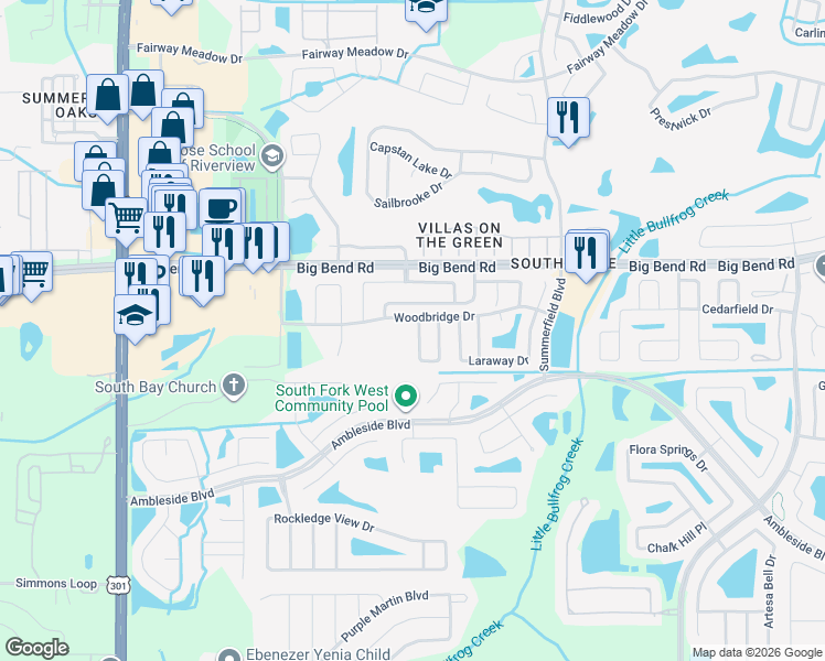 map of restaurants, bars, coffee shops, grocery stores, and more near 13656 Laraway Drive in Riverview