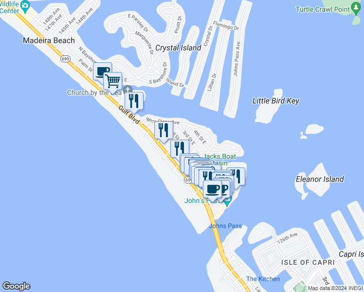 map of restaurants, bars, coffee shops, grocery stores, and more near 118 Boca Ciega Drive in Madeira Beach