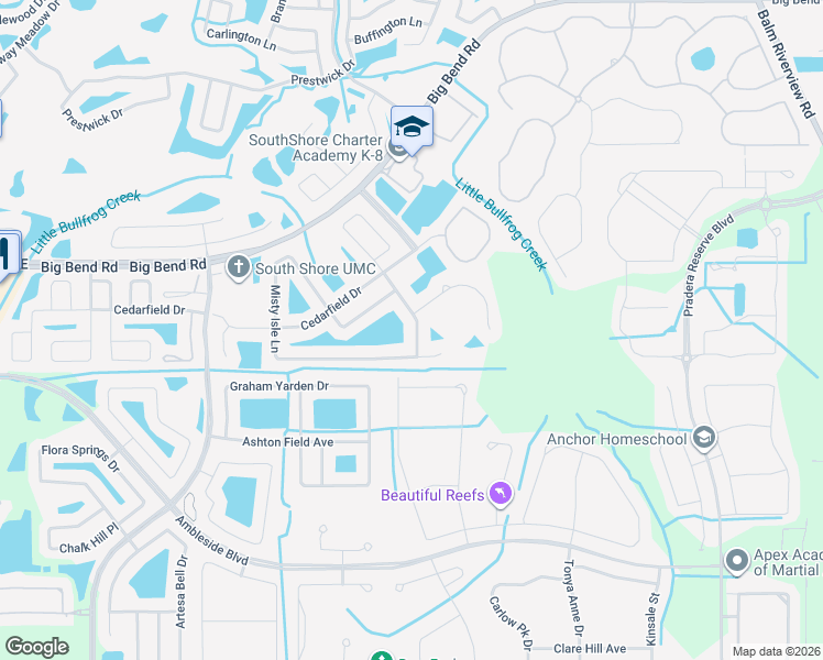 map of restaurants, bars, coffee shops, grocery stores, and more near 13329 Evening Sunset Lane in Riverview
