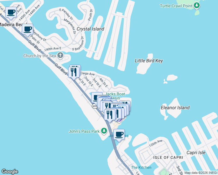 map of restaurants, bars, coffee shops, grocery stores, and more near 13143 4th Street East in Madeira Beach