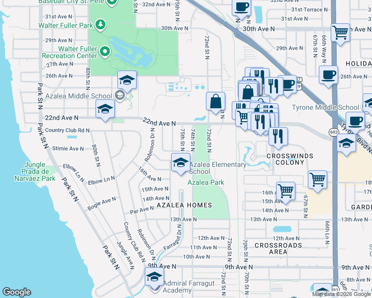 map of restaurants, bars, coffee shops, grocery stores, and more near 2001 75th Street North in St. Petersburg