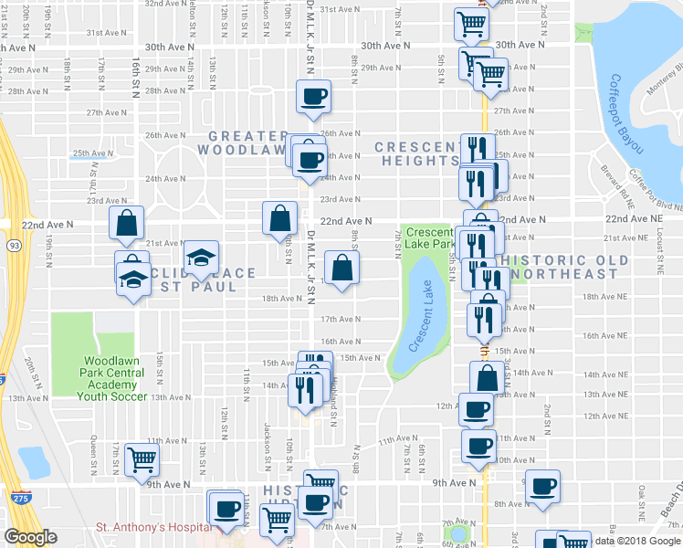 map of restaurants, bars, coffee shops, grocery stores, and more near 835 20th Avenue North in St. Petersburg