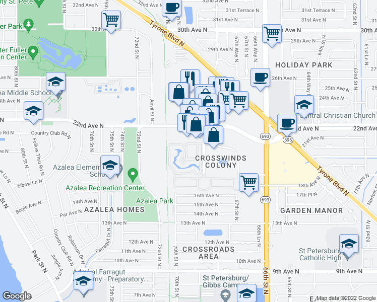 map of restaurants, bars, coffee shops, grocery stores, and more near 6962 22nd Avenue North in St. Petersburg