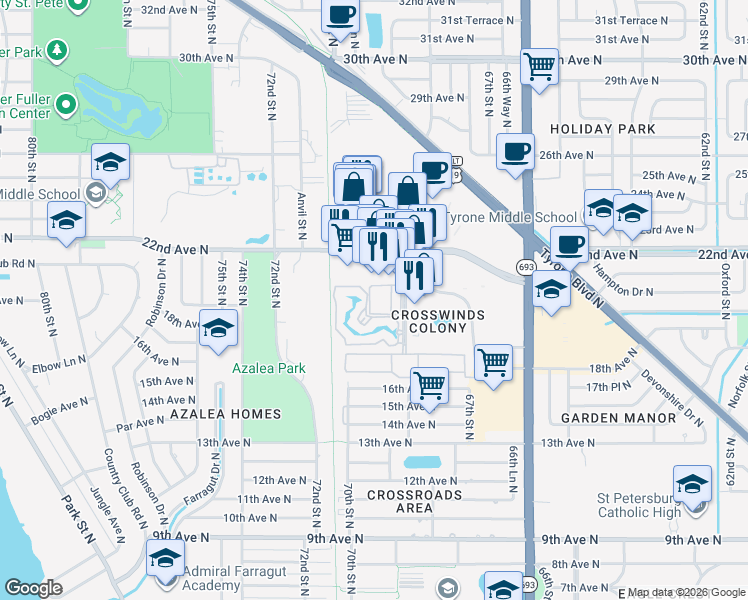 map of restaurants, bars, coffee shops, grocery stores, and more near 6960 20th Avenue North in St. Petersburg