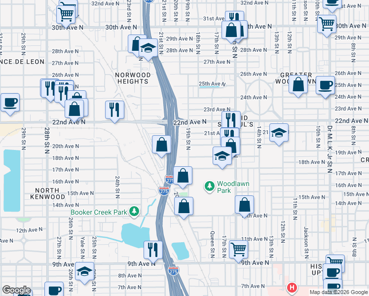 map of restaurants, bars, coffee shops, grocery stores, and more near 1908 20th Avenue North in St. Petersburg