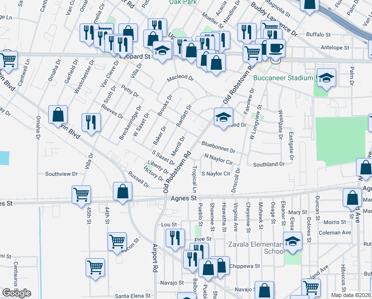 map of restaurants, bars, coffee shops, grocery stores, and more near 342 Merrill Drive in Corpus Christi