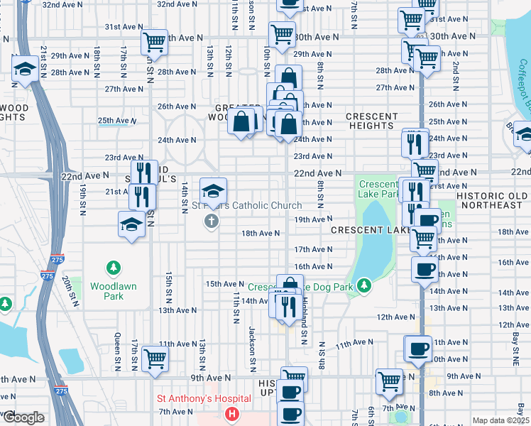 map of restaurants, bars, coffee shops, grocery stores, and more near 1001 19th Avenue North in Saint Petersburg