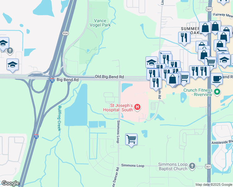 map of restaurants, bars, coffee shops, grocery stores, and more near 6908 Simmons Loop in Riverview