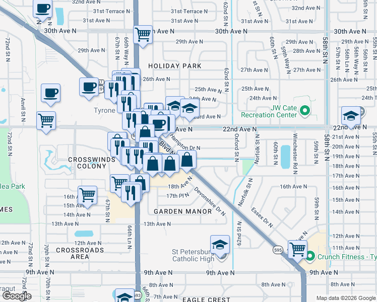 map of restaurants, bars, coffee shops, grocery stores, and more near 6343 Hampton Drive North in St. Petersburg