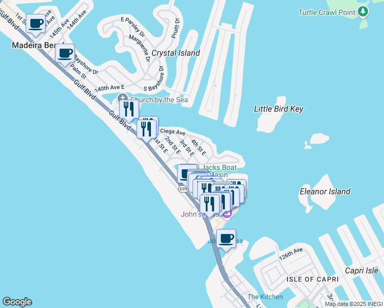 map of restaurants, bars, coffee shops, grocery stores, and more near 13233 3rd Street East in Madeira Beach