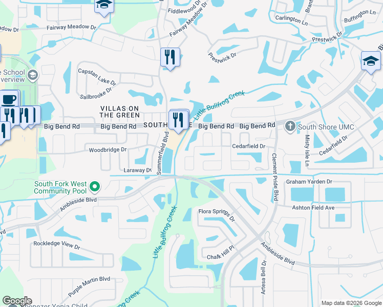 map of restaurants, bars, coffee shops, grocery stores, and more near 11801 Cedarfield Drive in Riverview