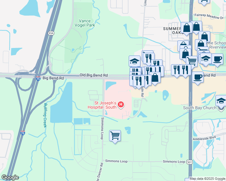 map of restaurants, bars, coffee shops, grocery stores, and more near 6907 Simmons Loop in Riverview