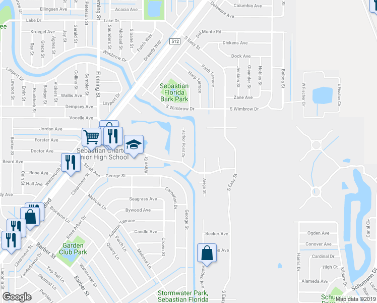 map of restaurants, bars, coffee shops, grocery stores, and more near 104 Harbor Point Drive in Sebastian