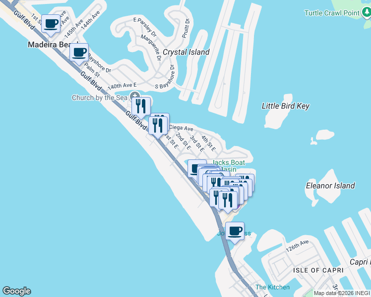 map of restaurants, bars, coffee shops, grocery stores, and more near 13321 1st Street East in Madeira Beach