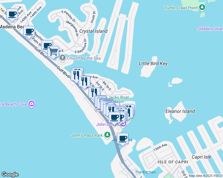 map of restaurants, bars, coffee shops, grocery stores, and more near 13143 4th Street East in Madeira Beach