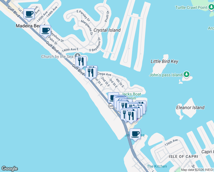 map of restaurants, bars, coffee shops, grocery stores, and more near 13321 1st Street East in Madeira Beach