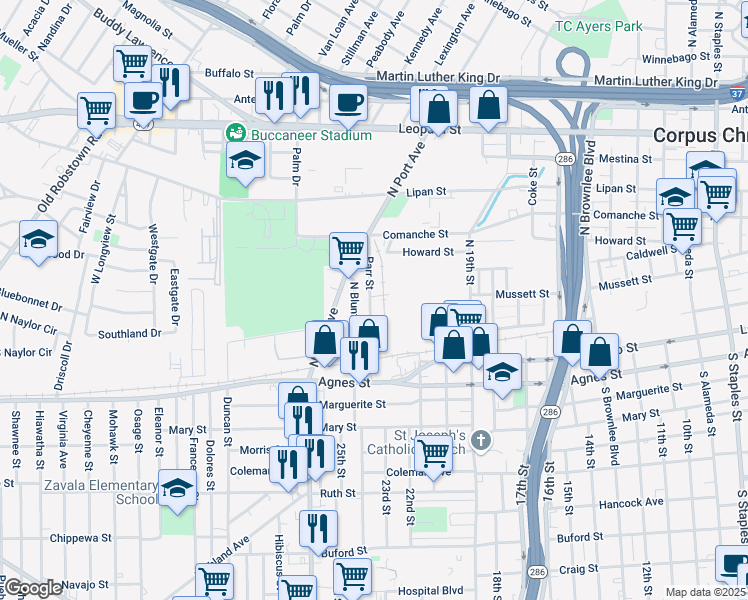 map of restaurants, bars, coffee shops, grocery stores, and more near 216 Parr Street in Corpus Christi