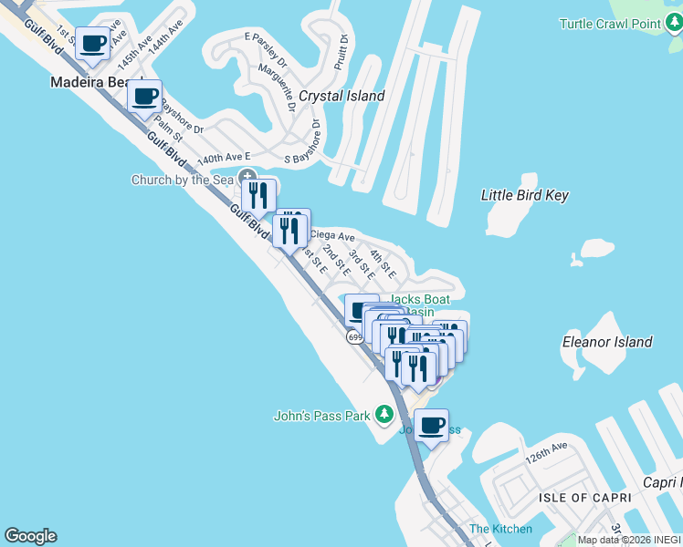 map of restaurants, bars, coffee shops, grocery stores, and more near 13321 1st Street East in Madeira Beach