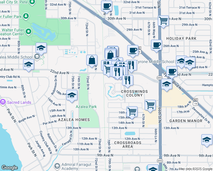 map of restaurants, bars, coffee shops, grocery stores, and more near 6932 Stonesthrow Circle North in St. Petersburg