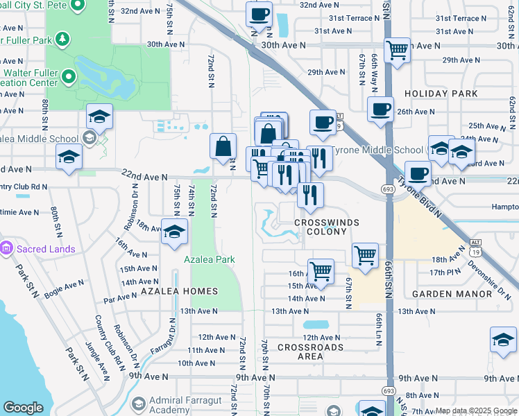 map of restaurants, bars, coffee shops, grocery stores, and more near 6932 Stonesthrow Circle North in St. Petersburg