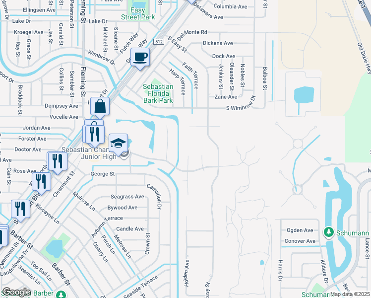 map of restaurants, bars, coffee shops, grocery stores, and more near 110 Arega Street in Sebastian