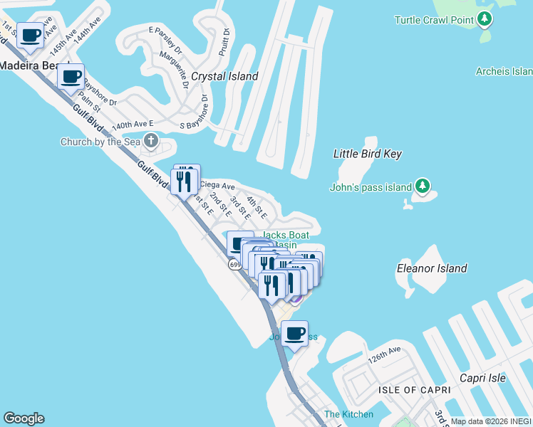 map of restaurants, bars, coffee shops, grocery stores, and more near 13123 4th Street East in Madeira Beach
