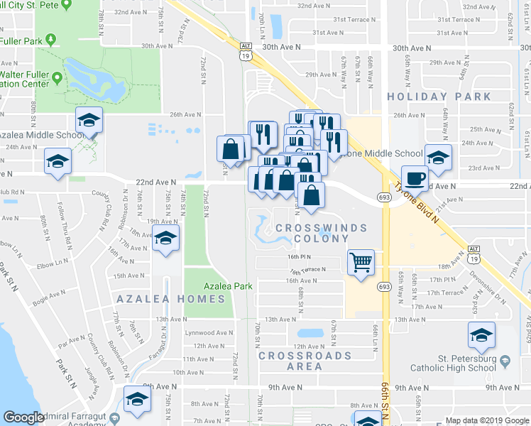 map of restaurants, bars, coffee shops, grocery stores, and more near 6962 22nd Avenue North in St. Petersburg